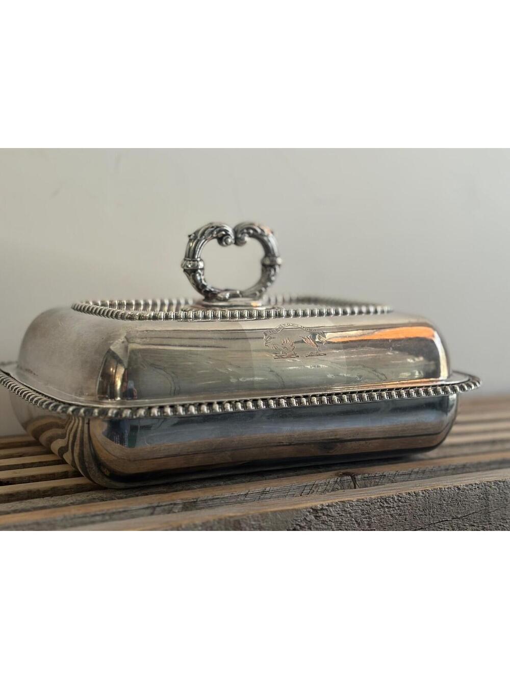 Large rectangle Sheffield plated serving dish with rope rim and ornate handle